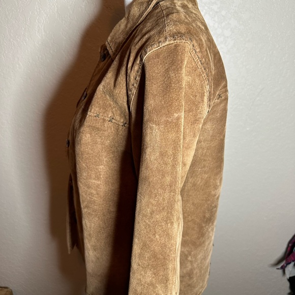IVY brown leather suede button front cross stitching women’s coat size medium - Picture 2 of 6